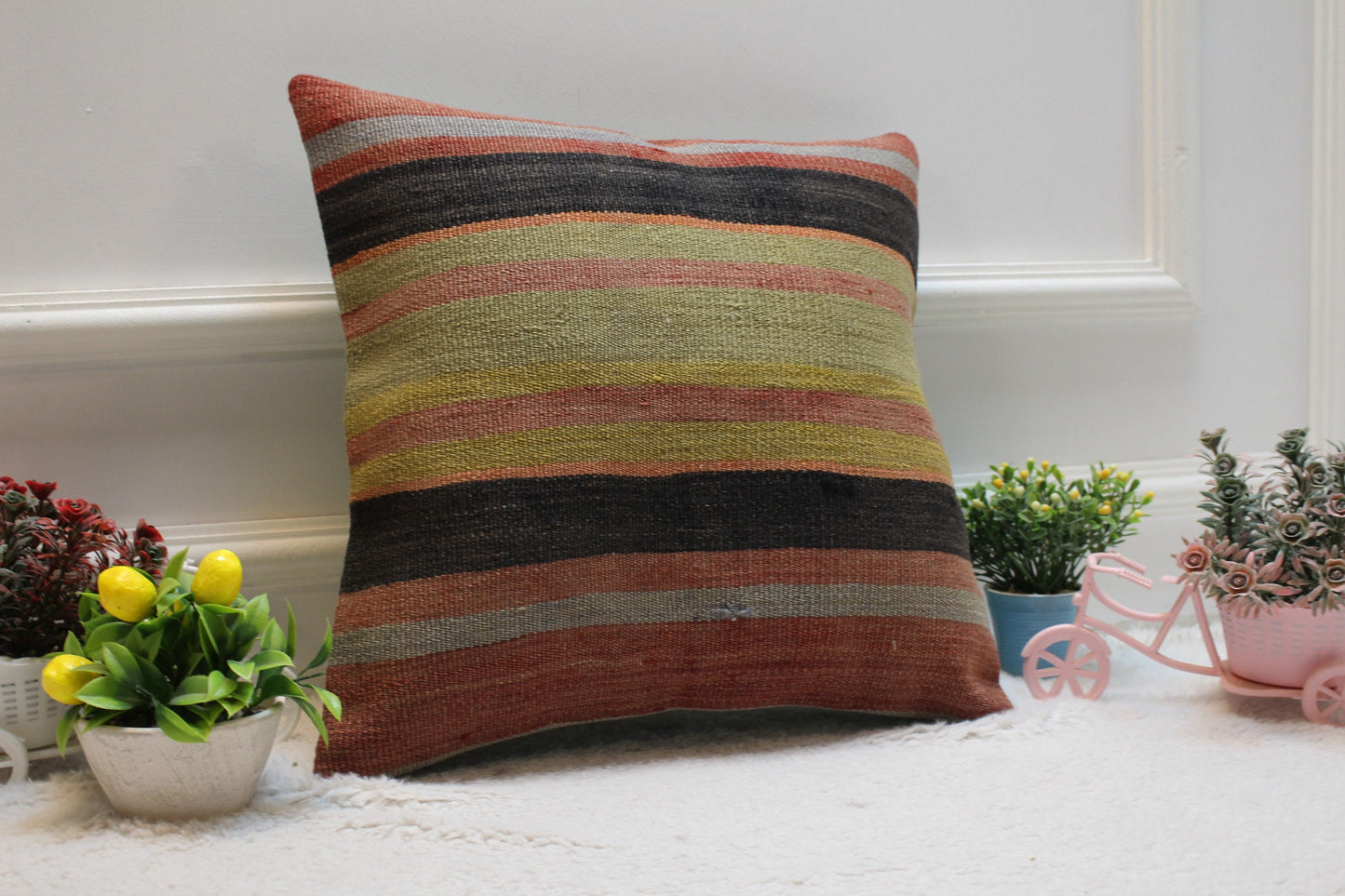 Striped Kilim Pillow Cover: Handmade Turkish Wool Cushion (16x16 in)