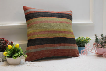 Striped Kilim Pillow Cover: Handmade Turkish Wool Cushion (16x16 in)