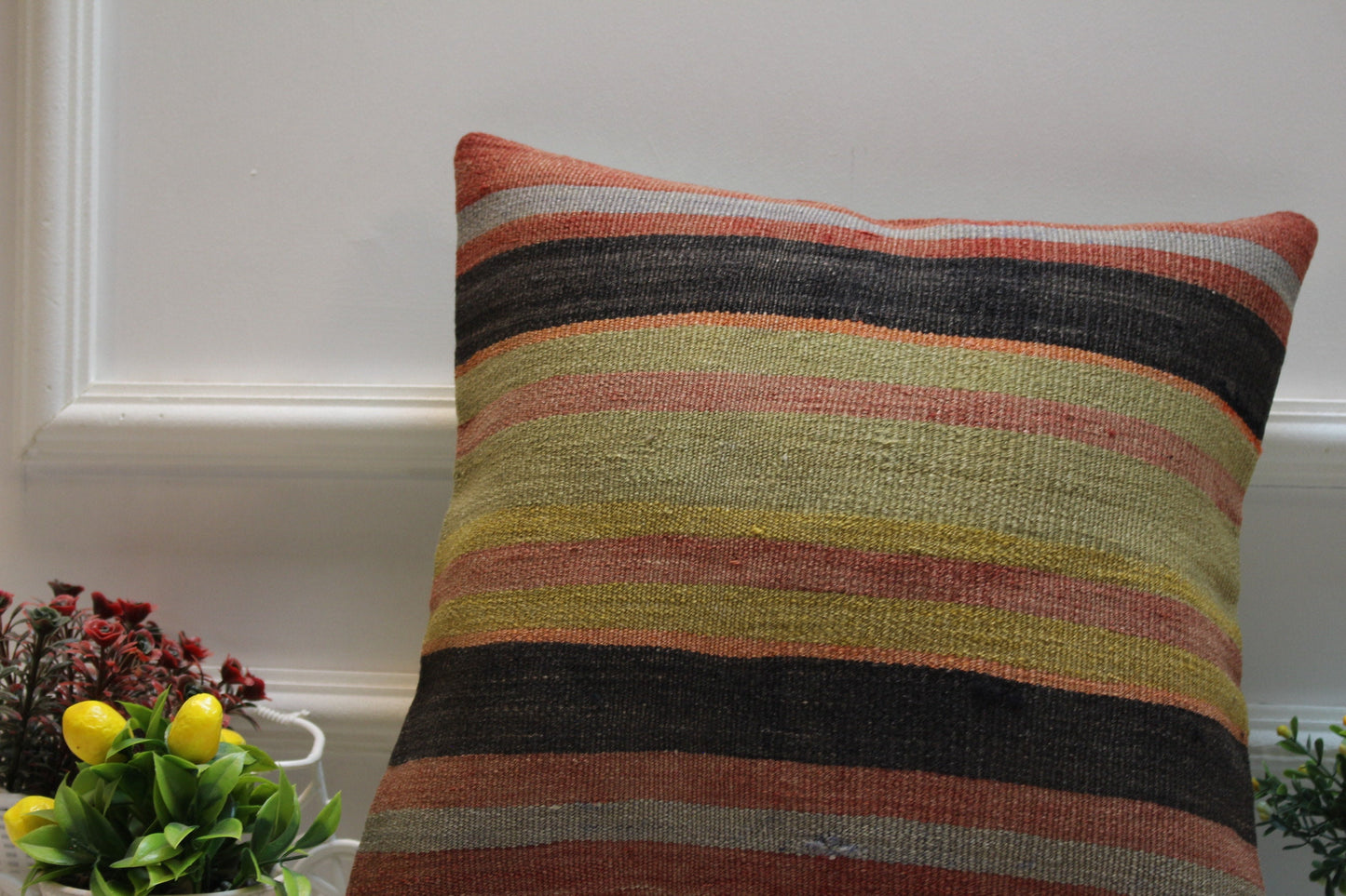 Striped Kilim Pillow Cover: Handmade Turkish Wool Cushion (16x16 in)