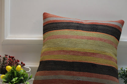 Striped Kilim Pillow Cover: Handmade Turkish Wool Cushion (16x16 in)