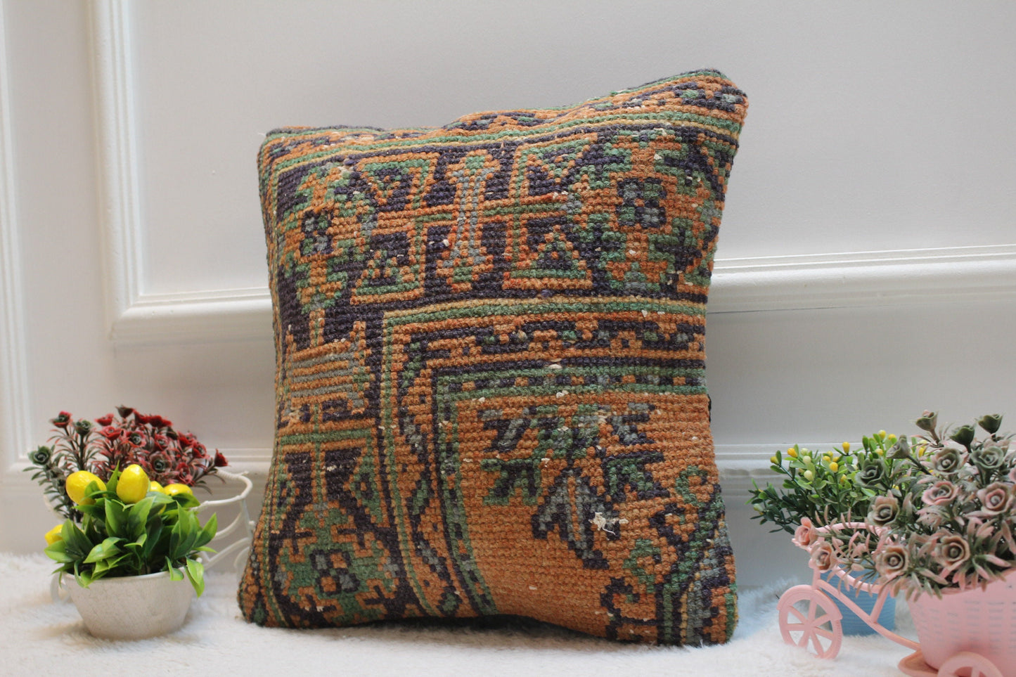 Orange & Blue Turkish Rug Pillow Cover: 16x16 Wool Kilim Pillow