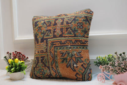 Orange & Blue Turkish Rug Pillow Cover: 16x16 Wool Kilim Pillow