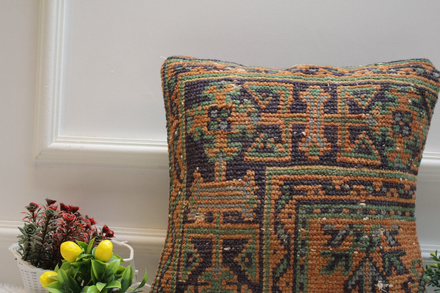 Orange & Blue Turkish Rug Pillow Cover: 16x16 Wool Kilim Pillow