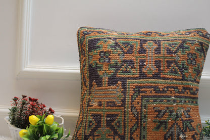 Orange & Blue Turkish Rug Pillow Cover: 16x16 Wool Kilim Pillow