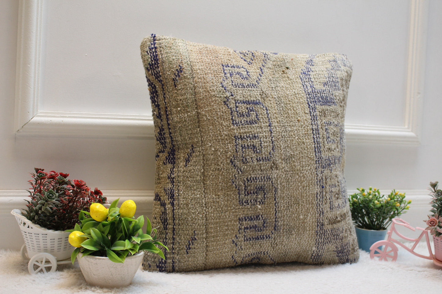 Handmade Turkish Rug Pillow Cover: Beige & Blue Woven Wool, 16x16 inch