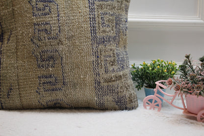 Handmade Turkish Rug Pillow Cover: Beige & Blue Woven Wool, 16x16 inch