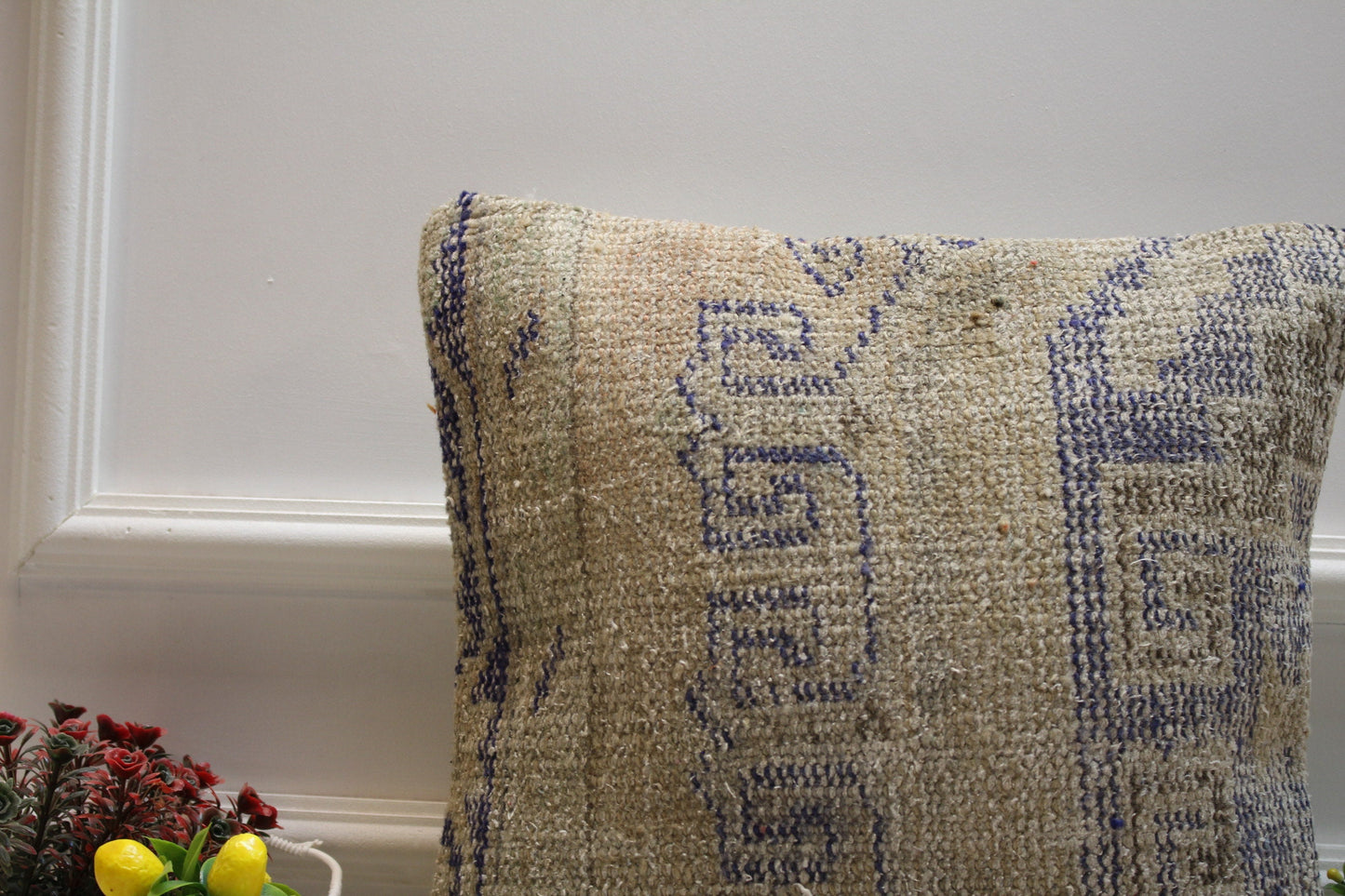 Handmade Turkish Rug Pillow Cover: Beige & Blue Woven Wool, 16x16 inch