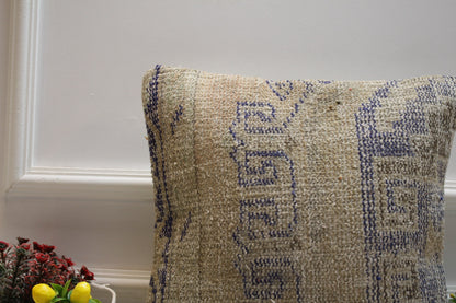 Handmade Turkish Rug Pillow Cover: Beige & Blue Woven Wool, 16x16 inch