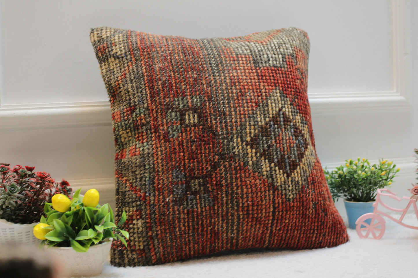 Red Vintage Turkish Rug Pillow Cover: 16x16 Organic Wool