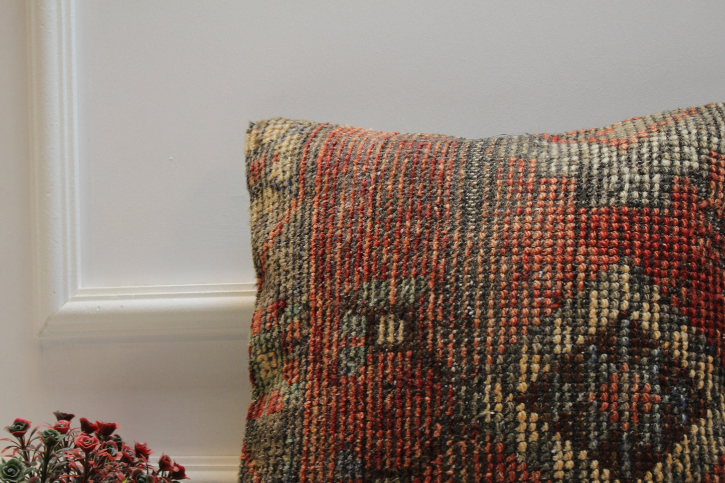 Red Vintage Turkish Rug Pillow Cover: 16x16 Organic Wool