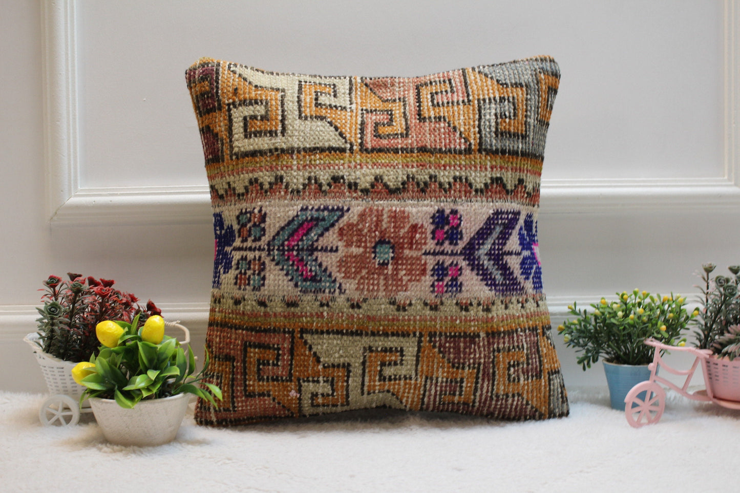 Handmade Turkish Rug Pillow Cover: Beige Brown Woven Wool, 16x16 inch