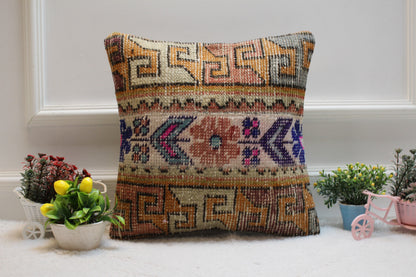 Handmade Turkish Rug Pillow Cover: Beige Brown Woven Wool, 16x16 inch