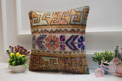 Handmade Turkish Rug Pillow Cover: Beige Brown Woven Wool, 16x16 inch