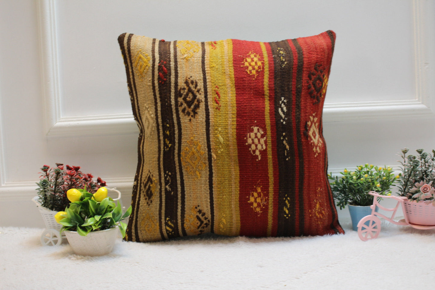 Striped Kilim Pillow Cover: Handmade Vintage Woven Rug, 16x16 inch