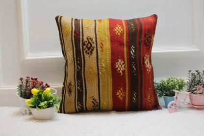 Striped Kilim Pillow Cover: Handmade Vintage Woven Rug, 16x16 inch