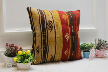 Striped Kilim Pillow Cover: Handmade Vintage Woven Rug, 16x16 inch