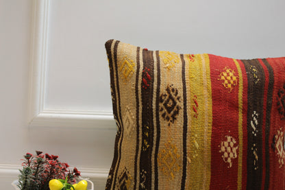 Striped Kilim Pillow Cover: Handmade Vintage Woven Rug, 16x16 inch
