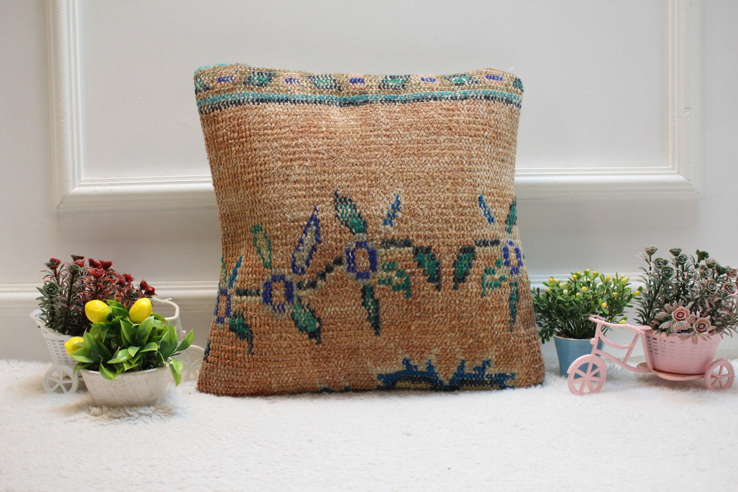 Orange Turkish Rug Pillow Cover: Vintage Kilim, 16x16 inc