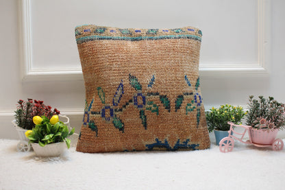 Orange Turkish Rug Pillow Cover: Vintage Kilim, 16x16 inc