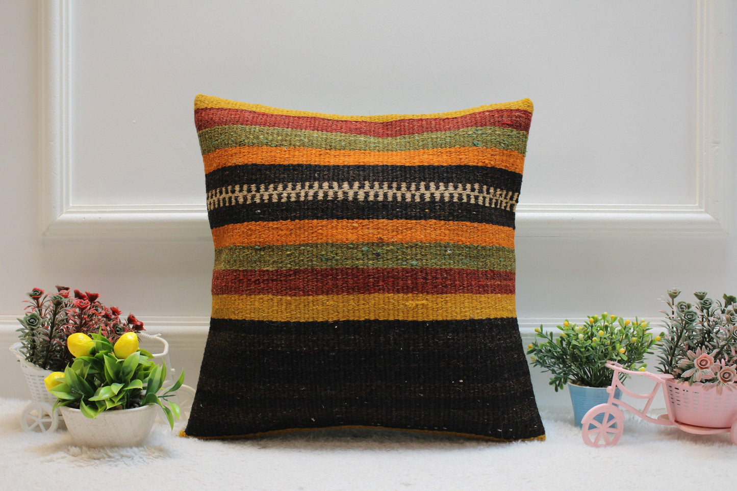 Striped Kilim Pillow Cover: Organic Wool Turkish Home Decor (16x16 inc)
