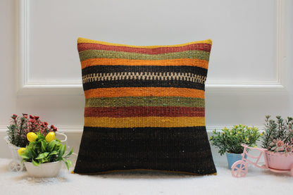 Striped Kilim Pillow Cover: Organic Wool Turkish Home Decor (16x16 inc)