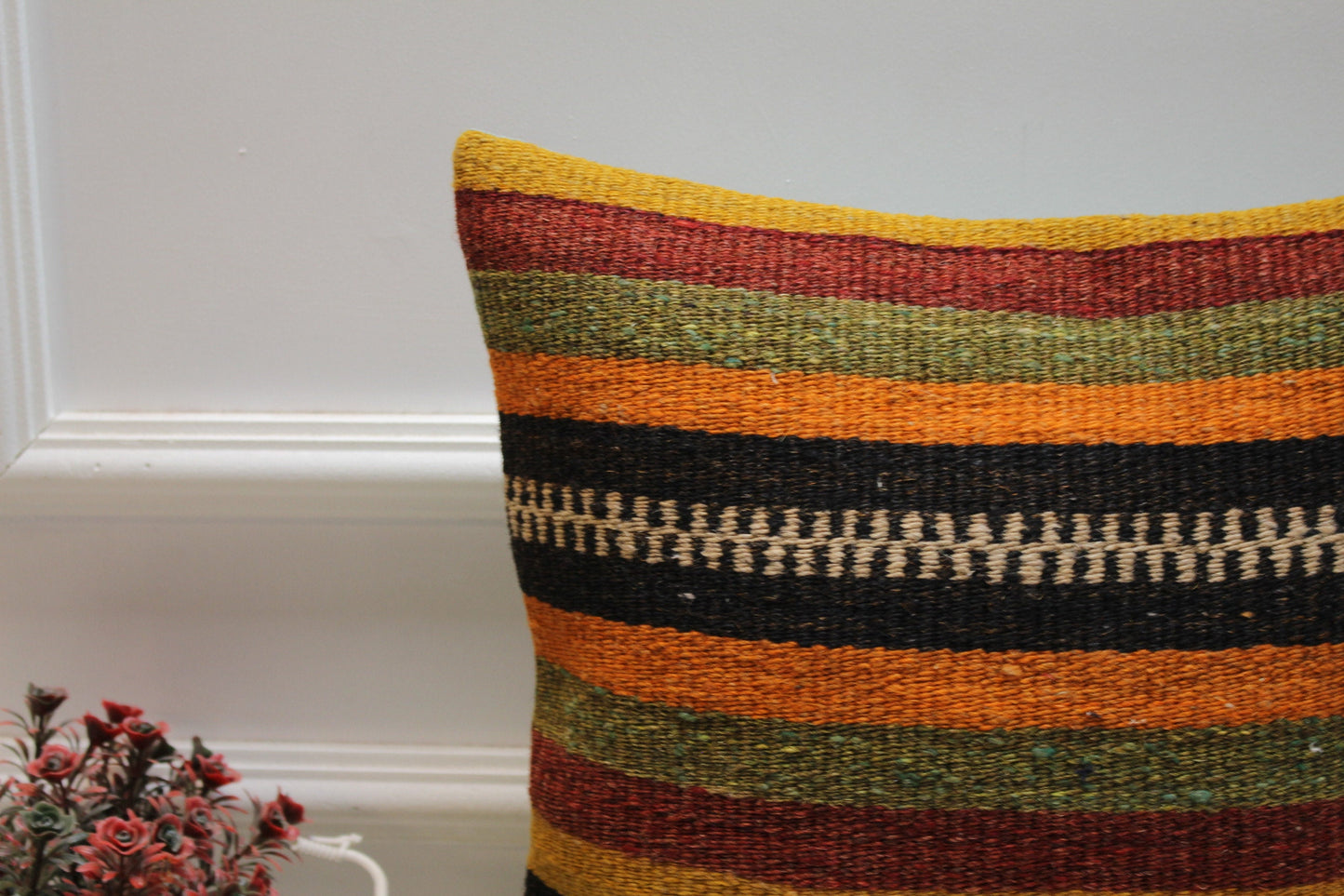 Striped Kilim Pillow Cover: Organic Wool Turkish Home Decor (16x16 inc)