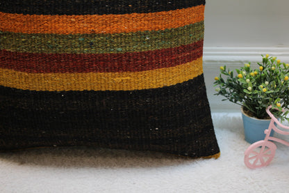 Striped Kilim Pillow Cover: Organic Wool Turkish Home Decor (16x16 inc)
