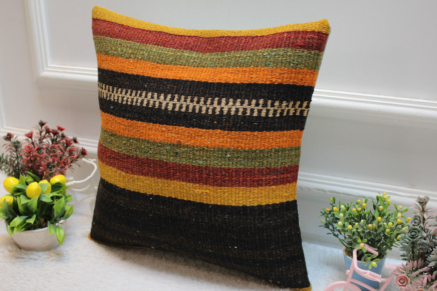 Striped Kilim Pillow Cover: Organic Wool Turkish Home Decor (16x16 inc)
