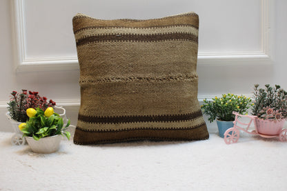 Vintage Brown Turkish Kilim Pillow Cover: Handwoven Wool, 16x16 Square