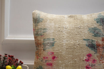 Beige Vintage Turkish Rug Pillow Cover: Handmade Wool Throw Pillow (16x16 inc)