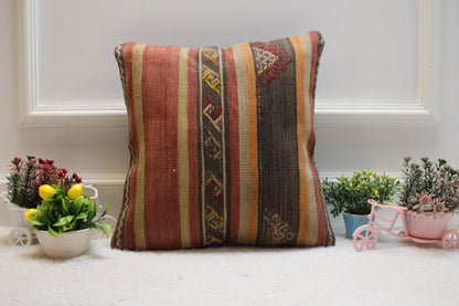 Handmade Kilim Pillow Cover: Vintage Turkish Woven Wool, 16x16 inch