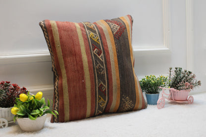 Handmade Kilim Pillow Cover: Vintage Turkish Woven Wool, 16x16 inch