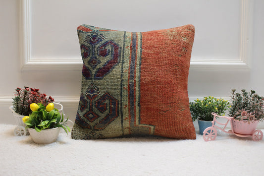 Vintage Turkish Rug Pillow Cover: 16x16 Square Kilim Pillow
