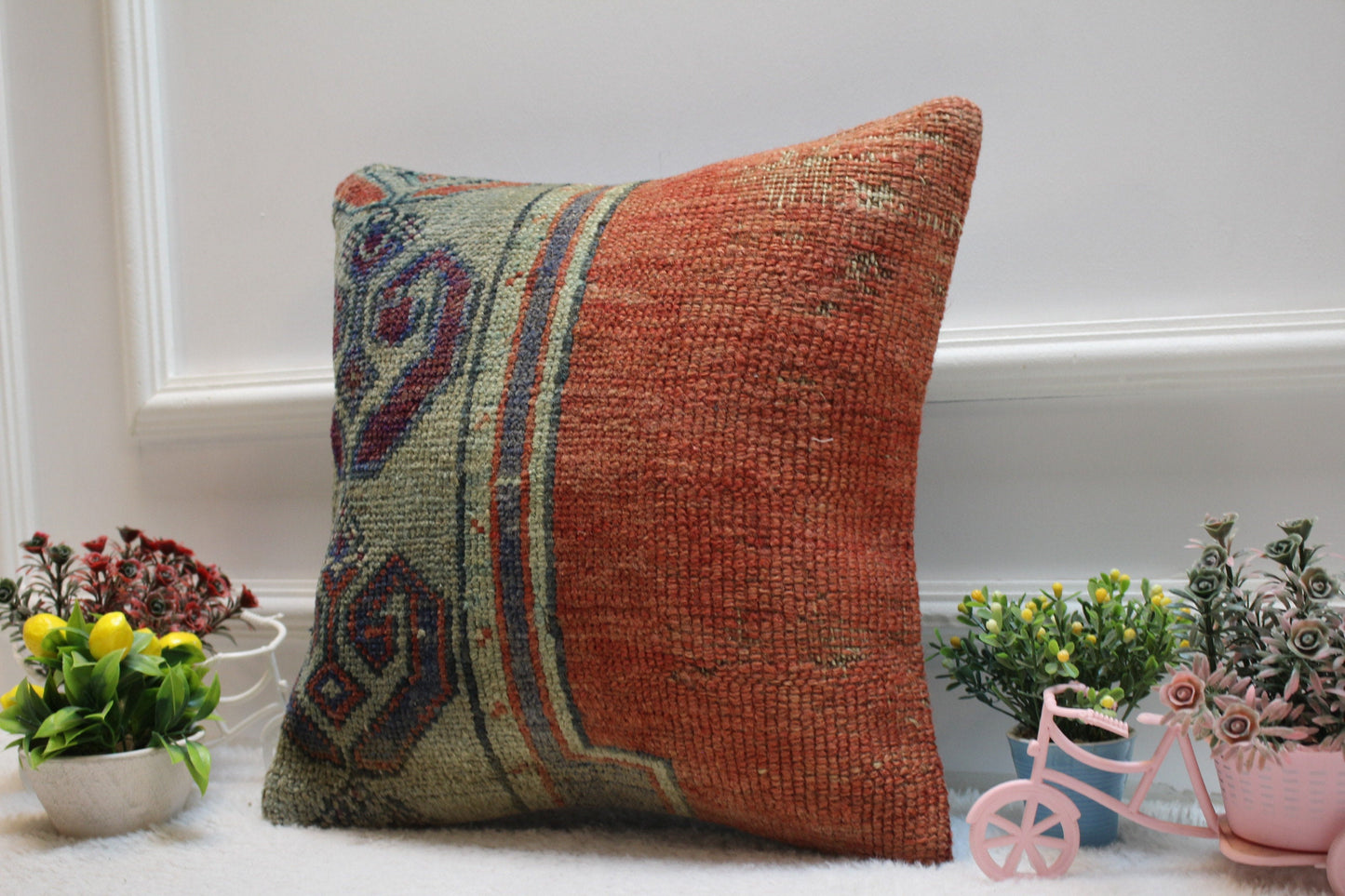 Vintage Turkish Rug Pillow Cover: 16x16 Square Kilim Pillow