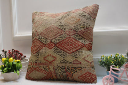 Handmade Kilim Pillow Cover: Geometric Woven Wool, 16x16 inch