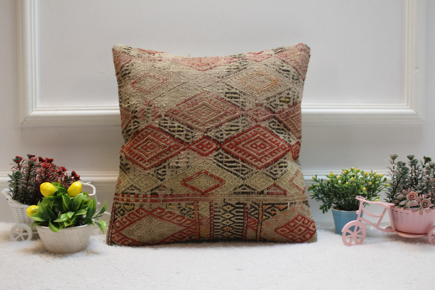 Handmade Kilim Pillow Cover: Geometric Woven Wool, 16x16 inch