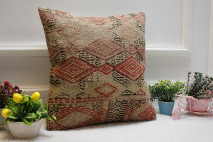 Handmade Kilim Pillow Cover: Geometric Woven Wool, 16x16 inch
