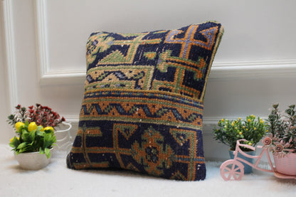 Handmade Kilim Pillow Cover: Geometric Turkish Rug, 16x16 Square