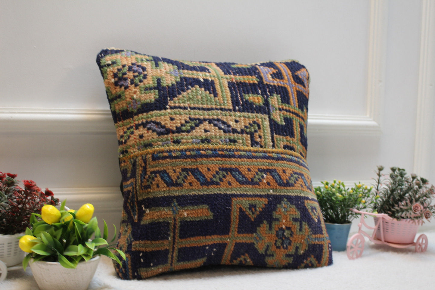 Handmade Kilim Pillow Cover: Geometric Turkish Rug, 16x16 Square