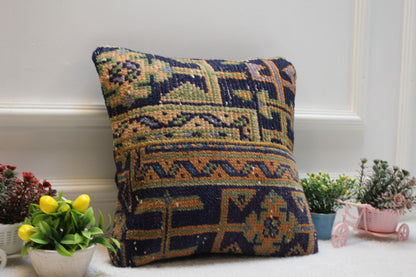 Handmade Kilim Pillow Cover: Geometric Turkish Rug, 16x16 Square