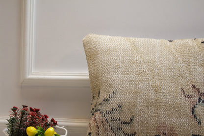 Handmade Kilim Pillow Cover: Beige Vintage Turkish Rug, 16x16 inc