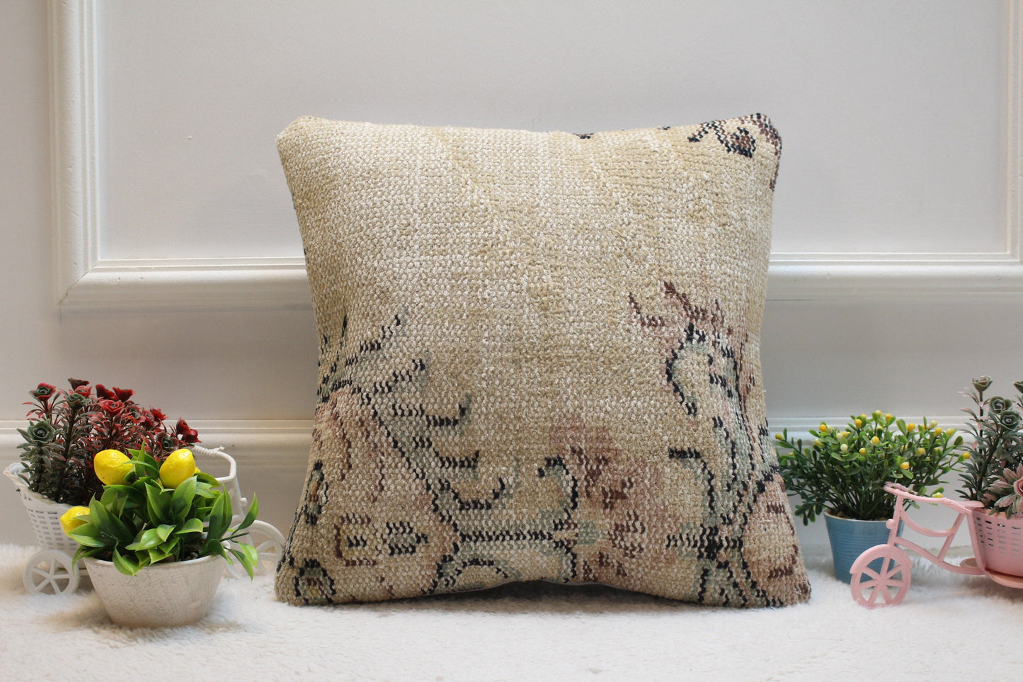 Handmade Kilim Pillow Cover: Beige Vintage Turkish Rug, 16x16 inc