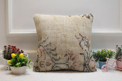 Handmade Kilim Pillow Cover: Beige Vintage Turkish Rug, 16x16 inc