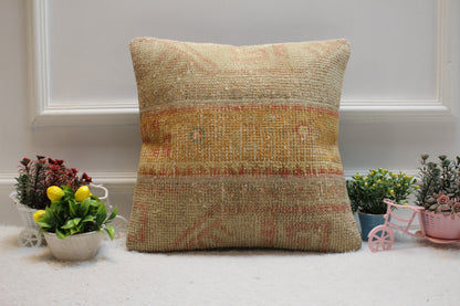Handmade Beige Turkish Rug Pillow Cover: Vintage Woven Wool (16x16 in)