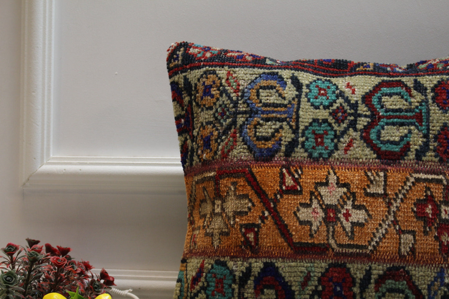 Handmade Turkish Rug Pillow Cover: Orange Beige Patchwork, 16x16 inch