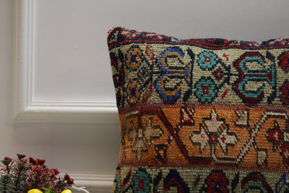 Handmade Turkish Rug Pillow Cover: Orange Beige Patchwork, 16x16 inch