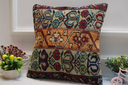 Handmade Turkish Rug Pillow Cover: Orange Beige Patchwork, 16x16 inch