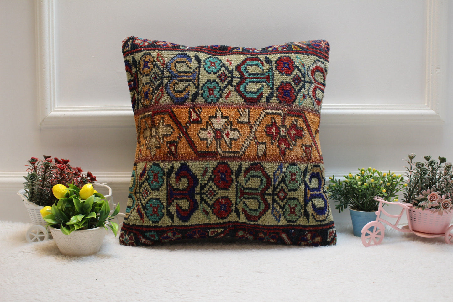 Handmade Turkish Rug Pillow Cover: Orange Beige Patchwork, 16x16 inch