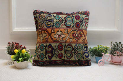 Handmade Turkish Rug Pillow Cover: Orange Beige Patchwork, 16x16 inch