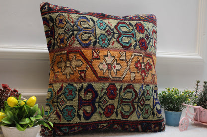 Handmade Turkish Rug Pillow Cover: Orange Beige Patchwork, 16x16 inch